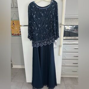 J Kara Midnight Blue Flowing Beaded Dress NWT